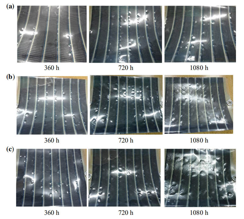 隨著在QUV紫外老化試驗(yàn)箱中進(jìn)行老化測試時間的推移，OSCs產(chǎn)生氣泡狀和顏色發(fā)生變化