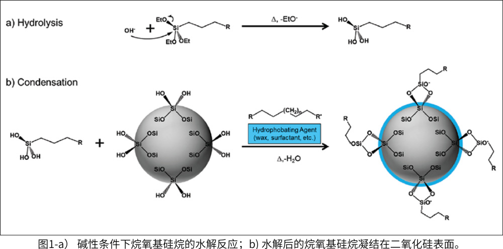 圖1-a） 堿性條件下烷氧基硅烷的水解反應；b) 水解后的烷氧基硅烷凝結在二氧化硅表面