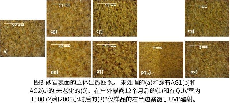 圖3-砂巖表面的立體顯微圖像。 未處理的(a)和涂有AG1(b)和AG2(c)的未老化的(0)，在戶外暴露12個月后的(1)和在QUV紫外老化測試箱內1500 (2)和2000小時后的(3)僅樣品的右半邊暴露于UVB輻射。